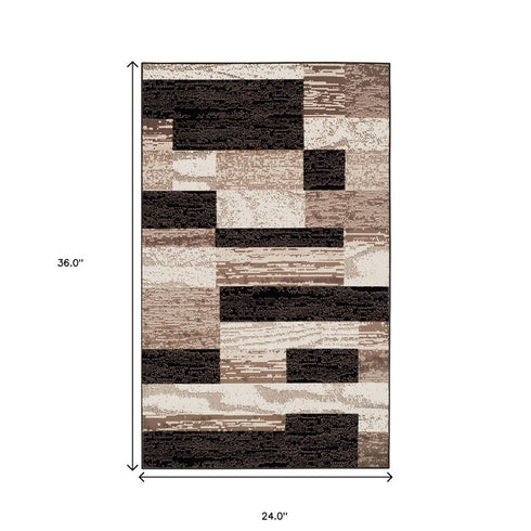 12' Black Brown And Beige Patchwork Runner Rug